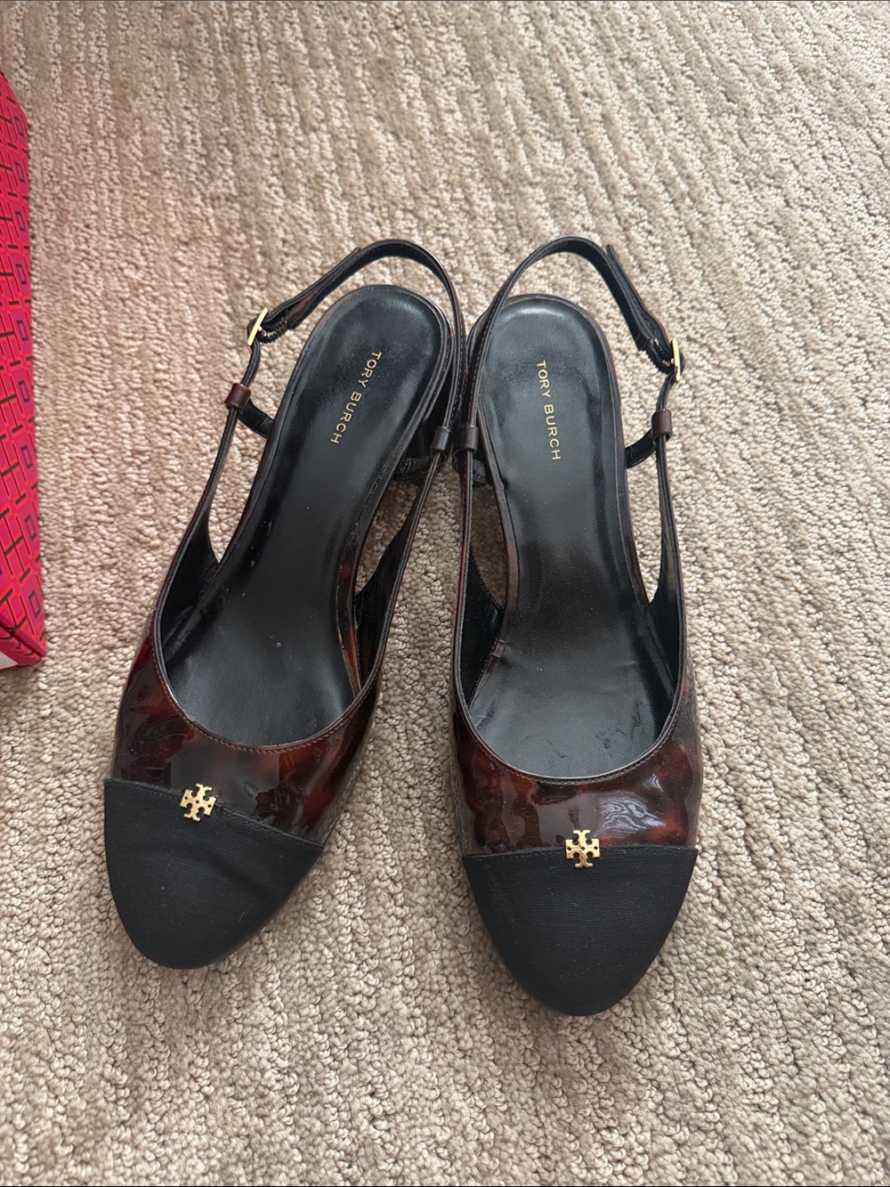 Tory Burch Black and Brown Tortoise Slingback Block Heel Sandals - Picture 5 of 7